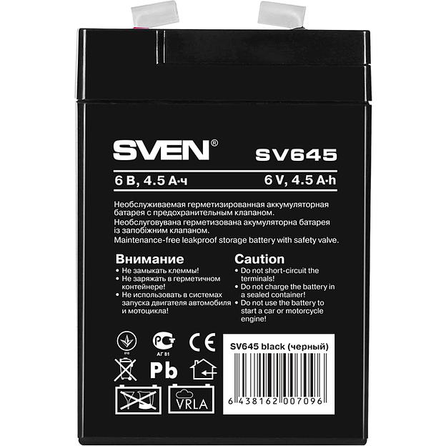 Батарея SVEN SV 645 (6V 4.5Ah), напряжение 6В, емкость 4.5А*ч, макс. ток разряда 67А, макс. ток заряда 1.35А, свинцово-кислотная типа AGM, тип клемм F1, Д/Ш/В 70/47/100, 0.8 кг Sven SV-0222064 фото 2