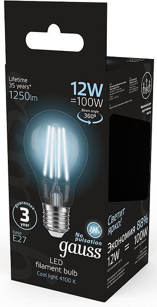 Лампа светодиодная Gauss Filament 102902212 12Вт цок.:E27 груша 185B 4100K св.свеч.бел.нейт. грушевидная (упак.:1шт) фото 4