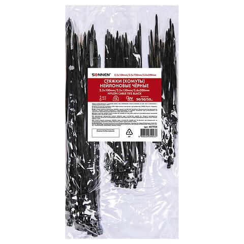 Стяжки (хомуты) нейлоновые сверхпрочные набор 150 шт (2.5×100/150 мм; 3.6×200 мм), чёрные, Sonnen, 607924, опт фото 1