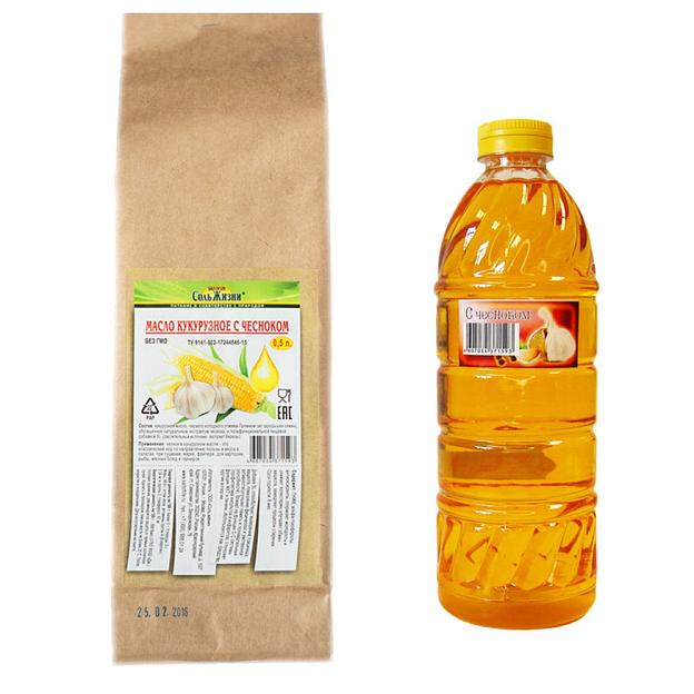 Масло кукурузное первого холодного отжима Соль Жизни с натуральным экстрактом чеснока, 0,5 л ОПТ фото 1