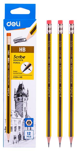 Карандаш чернографит. Deli EC004-HB HB шестигран. ластик коробка картонная (12шт) фото 1