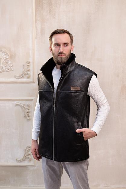 Жилет мужской черный из натуральной овчины фото 1