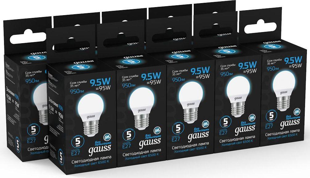 Лампа светодиодная Gauss 105102310 9.5Вт цок.:E27 шар 220B 6500K св.свеч.бел.хол. (упак.:10шт) фото 5