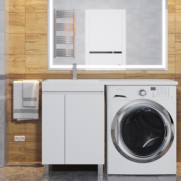 Тумба под стиральную машину с раковиной Uperwood Magenta 60/120 см, напольная, белая, с дверцами, левая фото 3