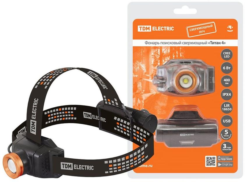 Фонарь «Титан 4» налобный, 6 Вт 1 светодиод CREE 400 лм, 1х18650 3.7 В 2200 мА*ч, IPX4, USB, TDM фото 1
