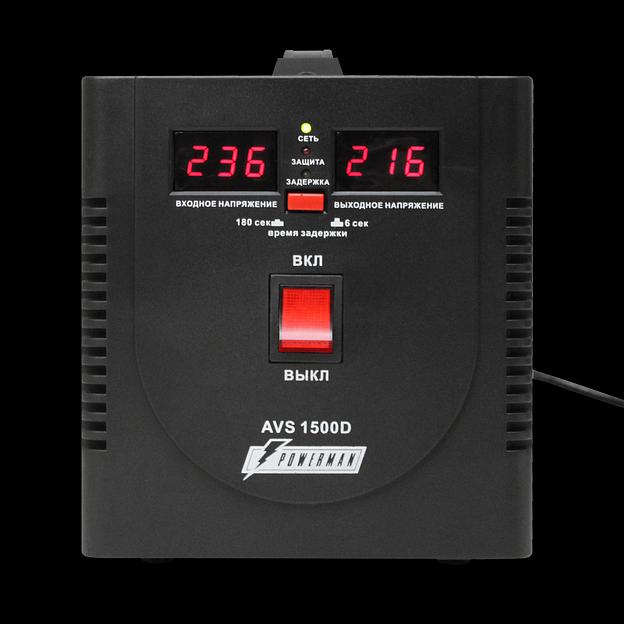 Стабилизатор POWERMAN AVS 1500D, черный, ступенчатый регулятор, цифровые индикаторы уровней напряжения, 1500ВА, 140-260В, максимальный входной ток 10А, 2 евророзетки, IP-20, напольный, 200мм х 160мм х 190мм, 4 кг. POWERMAN AVS 1500D (POWERMAN AVS 1500D B фото 2