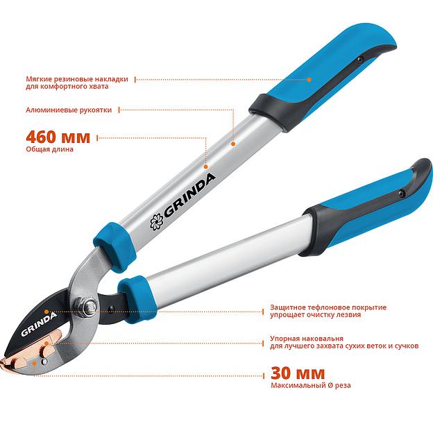 GRINDA PL-460A, длина 460 мм, лезвия из высокоуглеродистой закаленной стали, алюминиевые рукоятки, малый контактный сучкорез, PROLine (424516) фото 2
