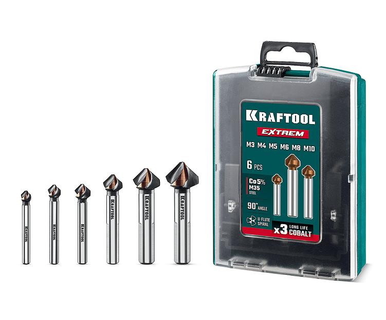 KRAFTOOL EXTREM, 6 шт (6.3, 8.3, 10.4, 12.4, 16.5, 20.5 мм), Z3, 90°, сталь M35, U-образная спираль, набор зенковок (29734-H6) фото 1