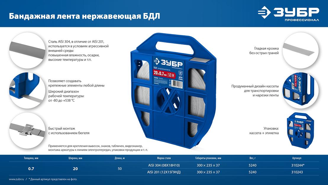 ЗУБР БДЛ 20 х 0.7 мм, 50 м, бандажная лента нержавеющая, AISI 304, Профессионал (310244) фото 8