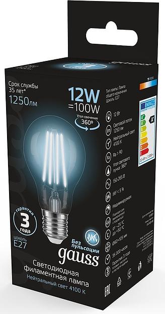 Лампа светодиодная Gauss Filament 102902212 12Вт цок.:E27 груша 185B 4100K св.свеч.бел.нейт. грушевидная (упак.:1шт) фото 3