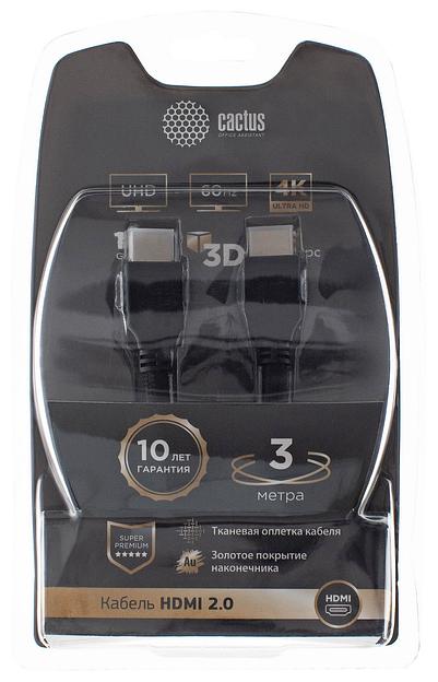 Кабель аудио-видео Cactus CS-HDMI.2-3 HDMI (m)/HDMI (m) 3м. Позолоченные контакты черный фото 1