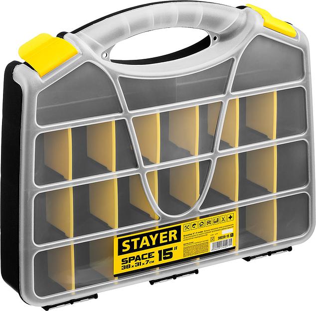 STAYER SPACE-15, 380 х 310 х 70 мм, (15″), пластиковый органайзер с 21 ячейкой (38038-15) фото 1