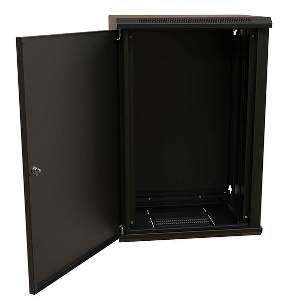 WRline Шкаф настенный 19-дюймовый (19"), 18U, 908х600х600мм, металлическая передняя дверь с замком, две боковые панели, цвет черный (RAL 9004) (разобранный) фото 3