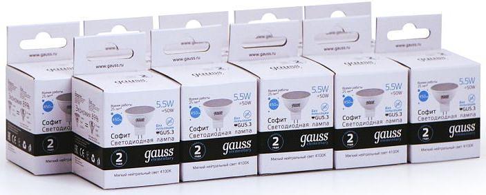 Лампа светодиодная Gauss Elementary MR16 5.5Вт цок.:GU5.3 спот 220B 4100K св.свеч.бел.ней. (упак.:10шт) (13526) фото 2
