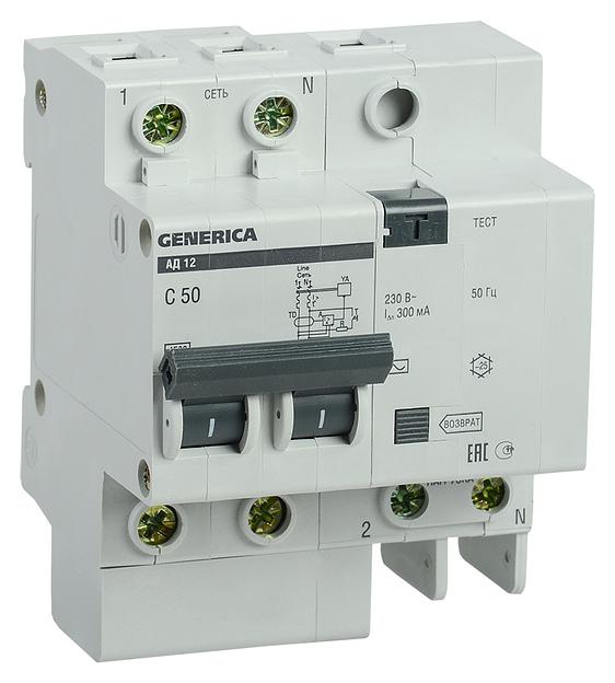 Выключатель автом. дифф. тока IEK АД12 Generica MAD15-2-050-C-300 50A тип C 4.5kA 300мА AC 2П 230В 4мод серый (упак.:1шт) фото 1