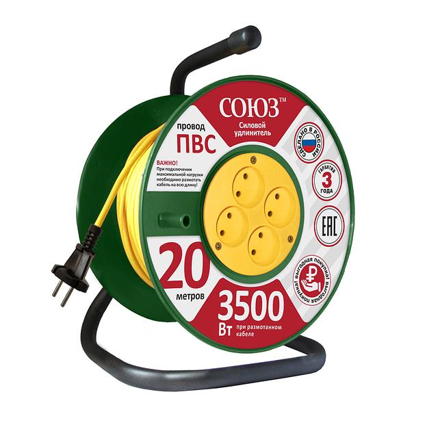Удлинитель ТМ Союз силовой на катушке с 4 гнезда 3500 Вт 20м фото 1