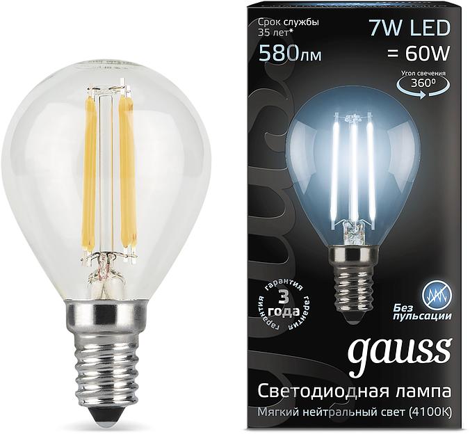 Лампа светодиодная Gauss Filament 7Вт цок.:E14 шар 220B св.свеч.бел.нейт. P45 (упак.:10шт) (105801207) фото 1