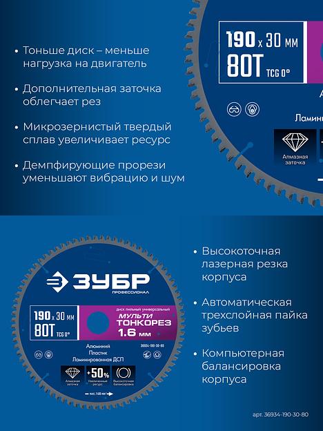 ЗУБР Мульти Тонкорез 190х30 x 1.6 мм, 80Т, диск пильный универсальный, тонкий рез, Профессионал (36934-190-30-80) фото 4