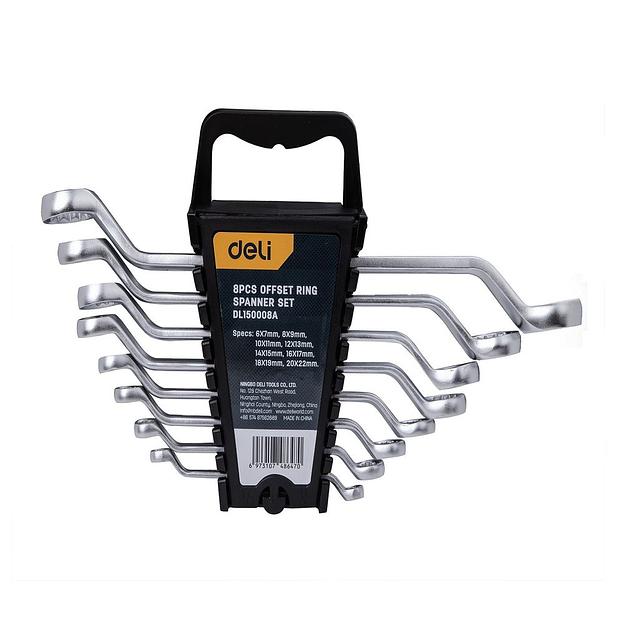 Ключи Deli Набор накидных изогнутых гаечных ключей 8 шт Deli DL150008A размеры 6x7, 8x9, 10x11, 12x13, 14x15, 16x17, 18x19, 20x22 мм, матовая хромированная поверхность, пластиковый кейс фото 1