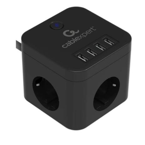 Cablexpert Сетевой фильтр Cube CUBE-3-U4-B-1.5 (3р, 10А, 4 х USB, 1.5м, ур.защиты 4+) черный, коробка фото 1