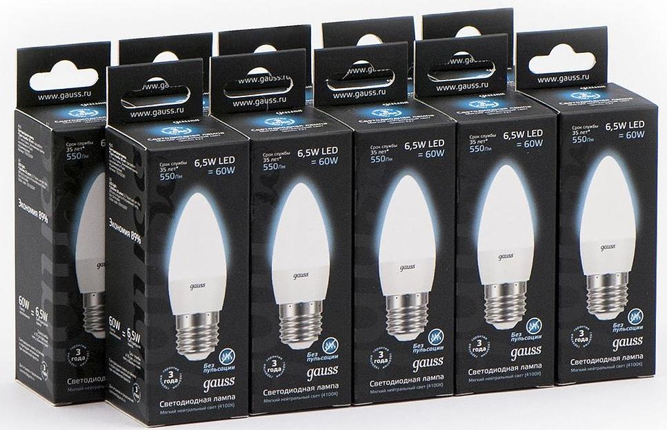 Лампа светодиодная Gauss 6.5Вт цок.:E27 свеча 220B 4100K св.свеч.бел.ней. (упак.:10шт) (103102207) фото 3