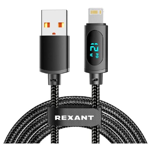 Rexant (18-7062) Кабель USB-A – Lightning для Apple, 2,4А, 1м, в черной нейлоновой оплетке, c LED дисплеем фото 1