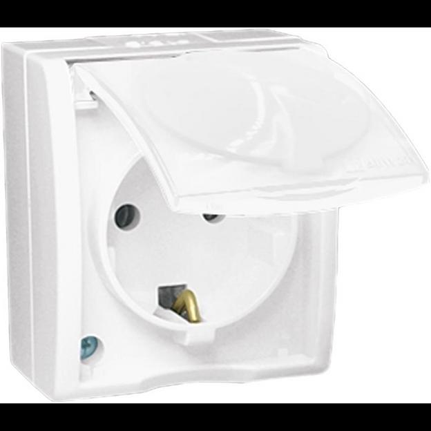 Розетка 1-м ОП Simon15 16А IP54 250В с заземл. с крышкой винт. клеммы бел. Simon 1594445-030 фото 1