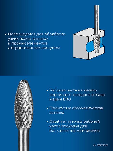 ЗУБР 10х25 мм, тип H (пламя, радиус 2.0 мм), хв-к 6 мм, твердосплавная борфреза, ПРОФЕССИОНАЛ (28807-10-25) фото 7