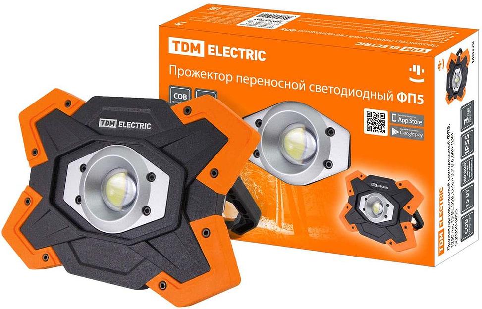 Прожектор переносной светодиодный ФП5, 15 Вт, 1250лм, Li-Ion 3,7 B 6,6 A*ч, USB TDM фото 1