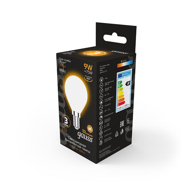 Лампа светодиодная Gauss Filament 105201109 9Вт цок.:E14 шар 220B 3000K св.свеч.бел.теп. (упак.:10шт) фото 5