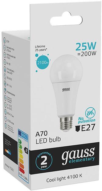 Лампа светодиодная Gauss Elementary 25Вт цок.:E27 груша 220B 4100K св.свеч.бел.нейт. A67 (упак.:10шт) (73225) фото 6