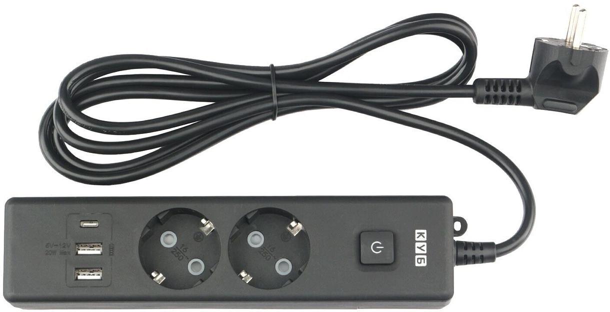 PowerCube Бытовой удлинитель (PC-5B-2M) 2р с/з вык.,3USB, 3500 Вт, 16А, 1.9 м, 3*1,0 (черный) {22309} фото 1