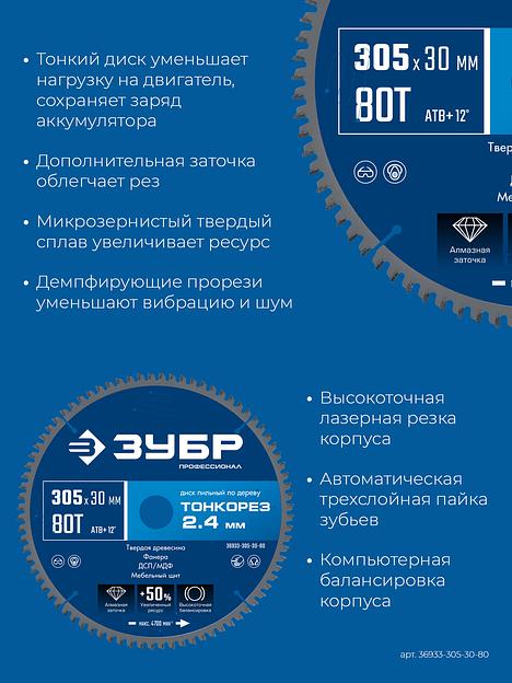 ЗУБР Тонкорез 305х30 x 2.4 мм, 80Т, диск пильный по дереву, тонкий рез, Профессионал (36933-305-30-80) фото 4