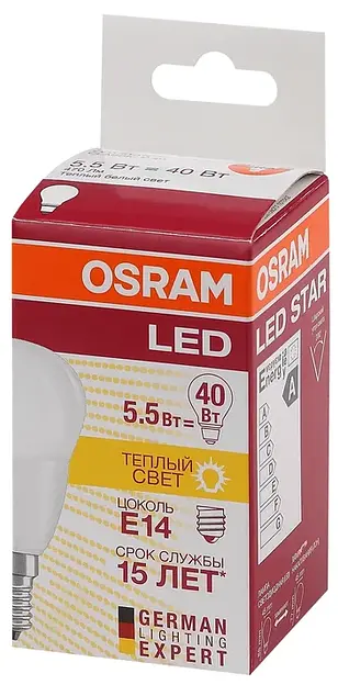 Лампа светодиодная LED 5.4Вт E14 LS CLP40 теплый, матовый шар Osram фото 3