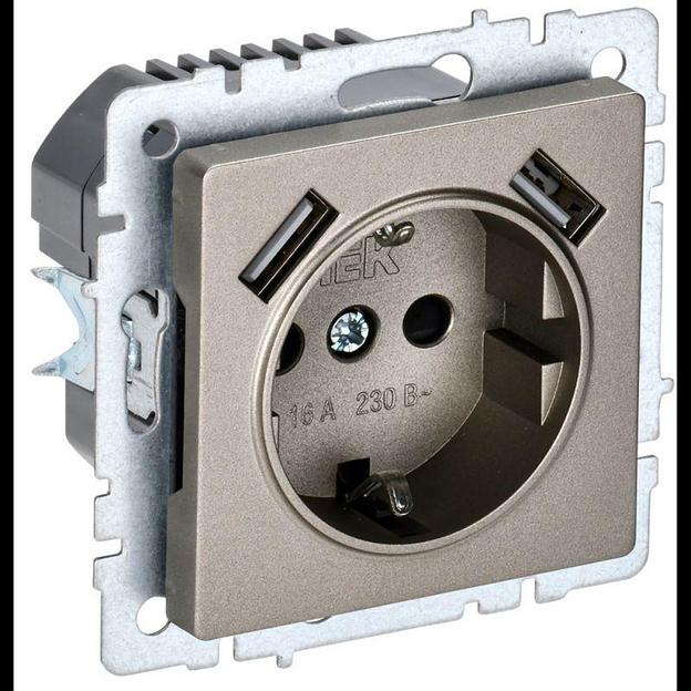 Розетка BRITE РЮш10-2-БрШ 16А с USB A+A 3.1А с заземл. защ. шторки шампань IEK BR-R14-16-U21-D31-K37 фото 1