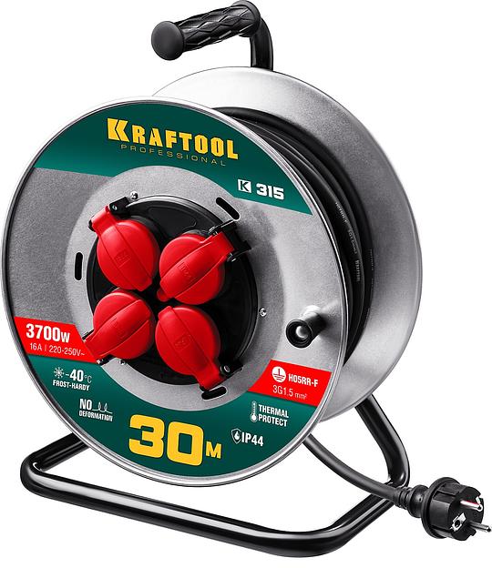 KRAFTOOL K-315, КГ, 3 x 1.5 мм2, 30 м, 3700 Вт, IP44, силовой удлинитель на стальной катушке (55085-30) фото 1