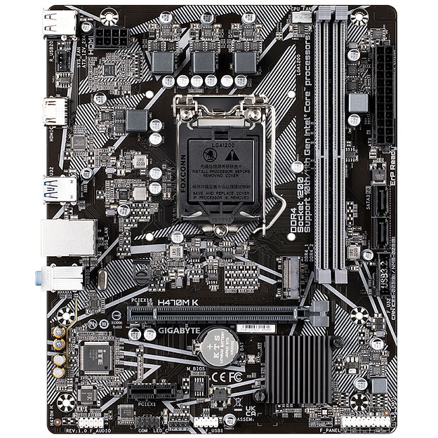 Материнская плата Gigabyte OEM H470M K, Socket 1200, Intel®H470, 2xDDR4-2333, HDMI, 1xPCI-Ex16, 1xPCI-Ex1, 2xSATA3, 1xM.2, 8 Ch Audio, GLan, (4+2)xUSB2.0, (2+2)xUSB3.2, mATX, RTL {} oem фото 2
