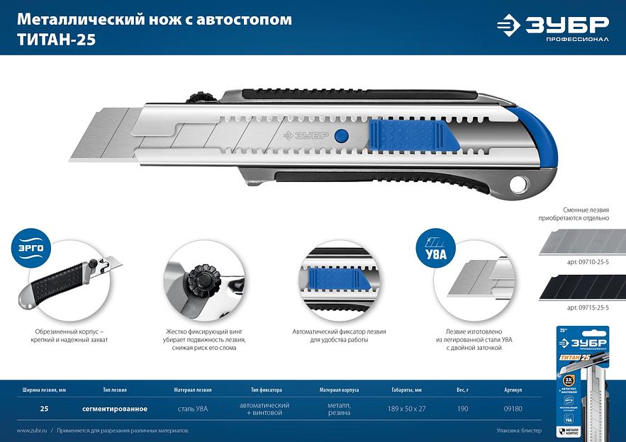 ЗУБР ТИТАН-25, 25 мм, металлический нож с автостопом, Профессионал (09180) фото 8