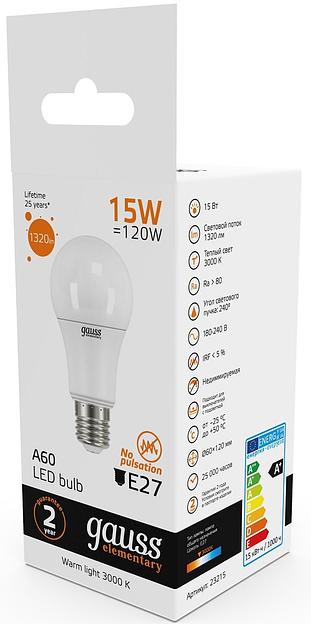 Лампа светодиодная Gauss Elementary 15Вт цок.:E27 груша 220B 3000K св.свеч.бел.теп. A60 (упак.:10шт) (23215) фото 7