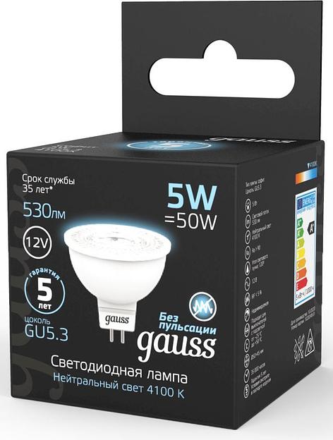 Лампа светодиодная Gauss Black 5Вт цок.:GU5.3 рефлек. 12B 4100K св.свеч.бел.нейт. MR16 (упак.:10шт) (201505205) фото 3