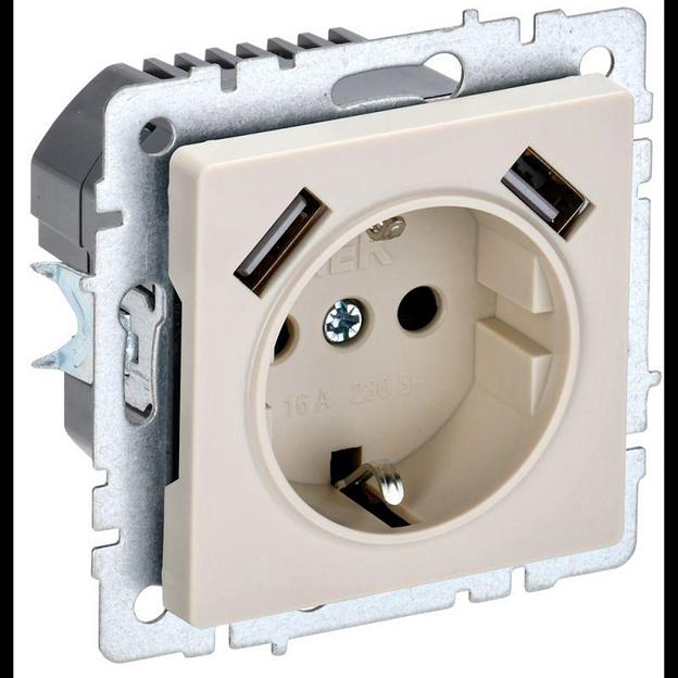 Розетка BRITE РЮш10-1-БрКр 16А с USB A+A 2.1А с заземл. защ. шторки беж. IEK BR-R14-16-U21-D21-K10 фото 1