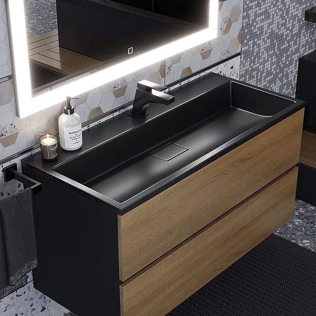 Тумба с раковиной для ванной для ванной Uperwood Barsa 100 см, раковина черная, подвесная тумба черная/дуб сонома фото 2
