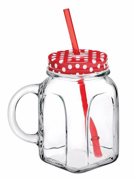 Банка для коктейля 450 мл. с красной крышкой и красной трубочкой, с ручкой Турция /1/12/ фото 1