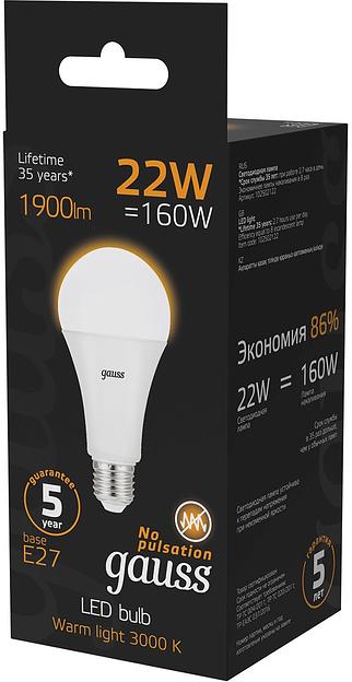 Лампа светодиодная Gauss A70 22Вт цок.:E27 груша 220B 3000K св.свеч.бел.теп. (упак.:1шт) (102502122) фото 4