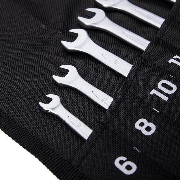 Ключи Deli Набор комбинированных гаечных ключей 12 шт Deli DL130012A размеры 6,8,10,11,12,13,14,15,17,19,22,24мм, матовая хромированная поверхность, чехол из ткани Оксфорд фото 4