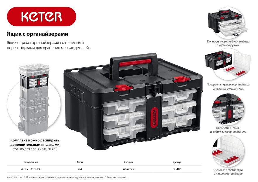 KETER STACKNROLL, 481 х 332 х 233 мм, (19″), пластиковый ящик с 3 органайзерами и 18 ячейками (38406) фото 10