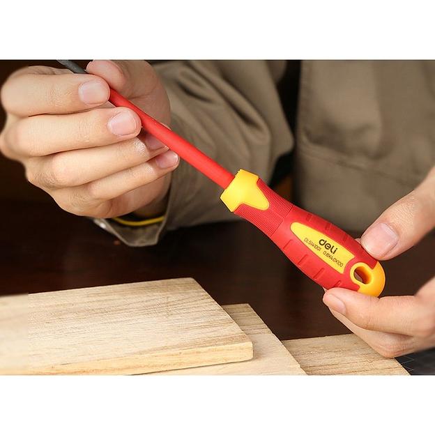 Диэлектрическая шлицевая отвертка Deli DL5141001 4х100мм сталь Cr-V, сертификат VDE для работ под напряжением до 1000 В. фото 2