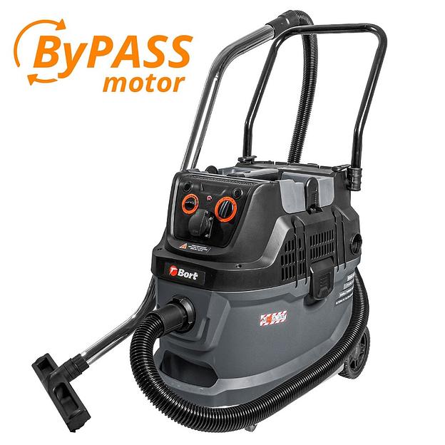 Bort BAX-600E Пылесос строительный [93418149] { Мощность всасывания 320 Вт, вместимость 40 л, Ур. шума 78 дБ, шланга 3 м, 16 кг, набор аксессуаров 8 шт } фото 1