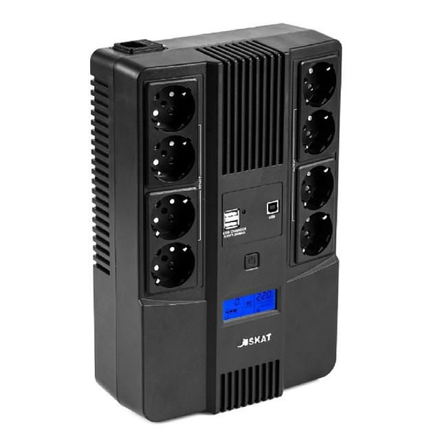 ИБП Бастион SKAT-UPS 800-AID-IN-1x9-8 {Line-interactive, 800/480Вт, LCD-дисплей, USB/ RJ-45, АКБ 1х 9Ач, сверху ЕВРО 4+4, МПТ} (8933) фото 1