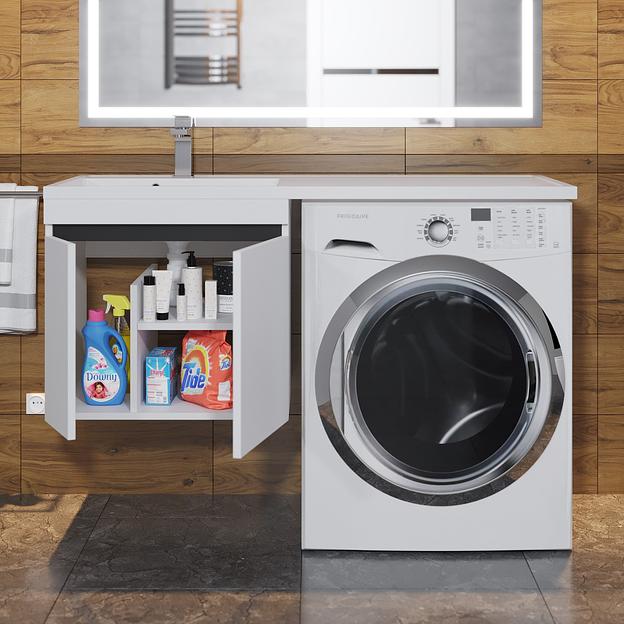 Тумба под стиральную машину с раковиной Uperwood Magenta 60/120 см, подвесная, белая/графит, с дверцами, левая фото 6